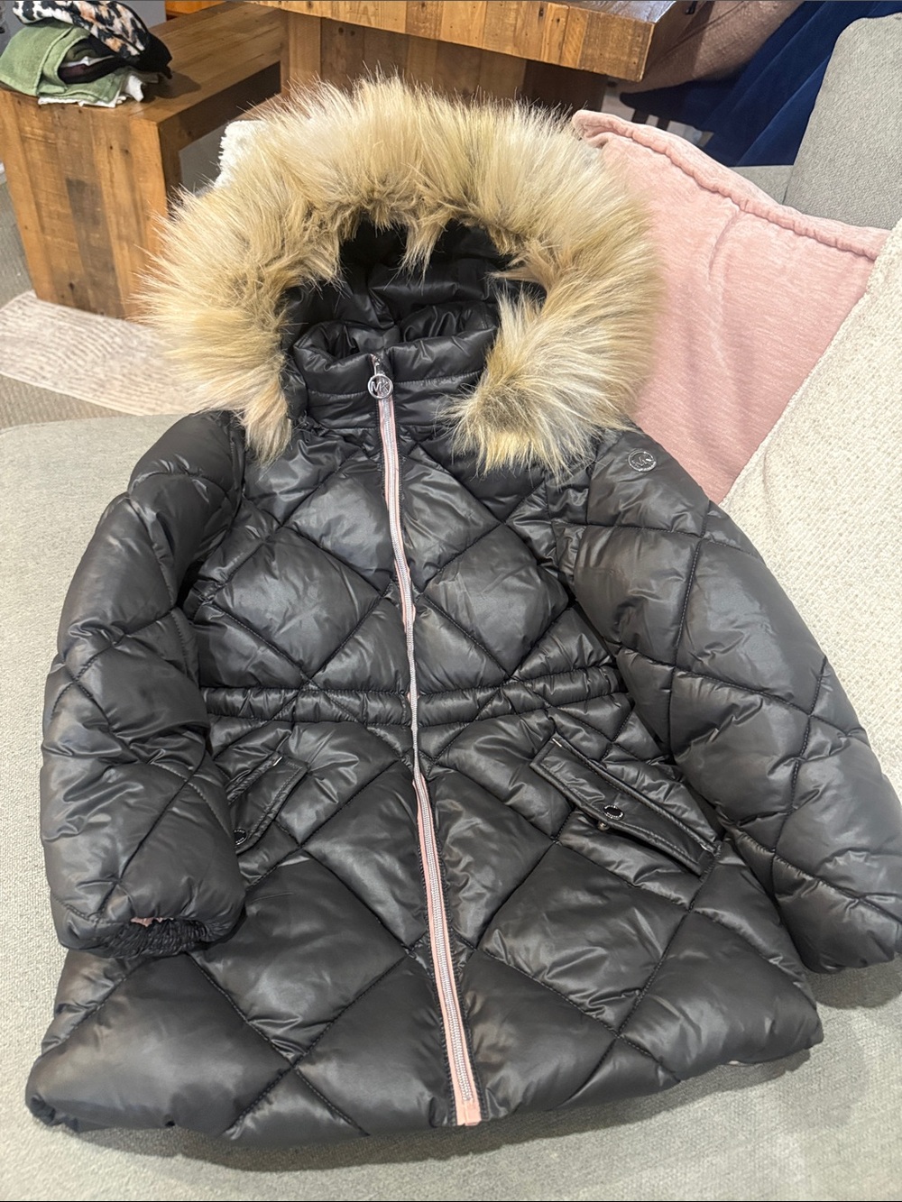 Michael Kors Girls' Black Puffer Coat with Faux-Fur Hood